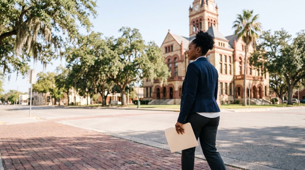 A woman carrying a folder walks along a brick sidewalk toward a historic stone courthouse under live oaks in Victoria County, Texas