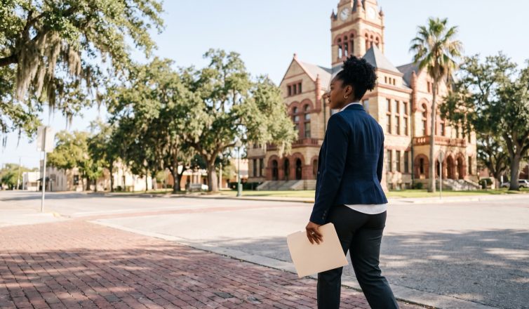 A woman carrying a folder walks along a brick sidewalk toward a historic stone courthouse under live oaks in Victoria County, Texas