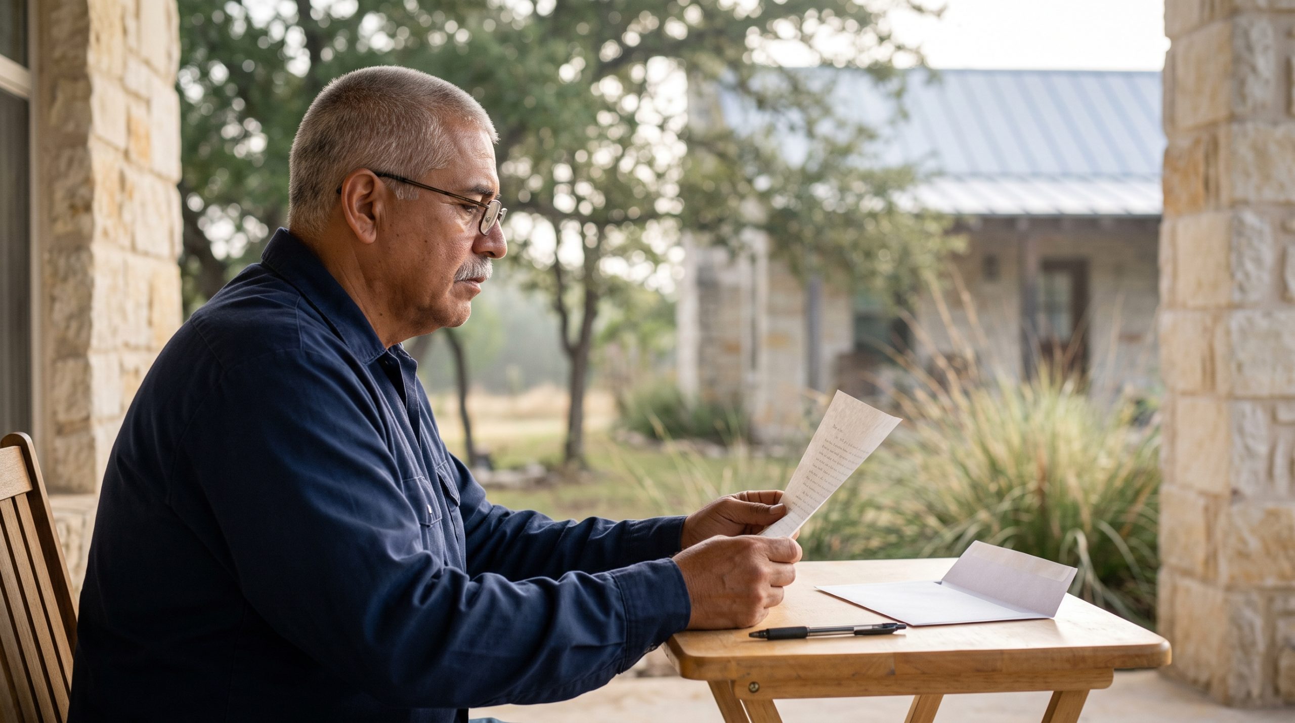 A man in his sixties reads a letter on the porch of a Central Texas limestone home, the kind of mail that raises Social Security questions after a 10-year marriage