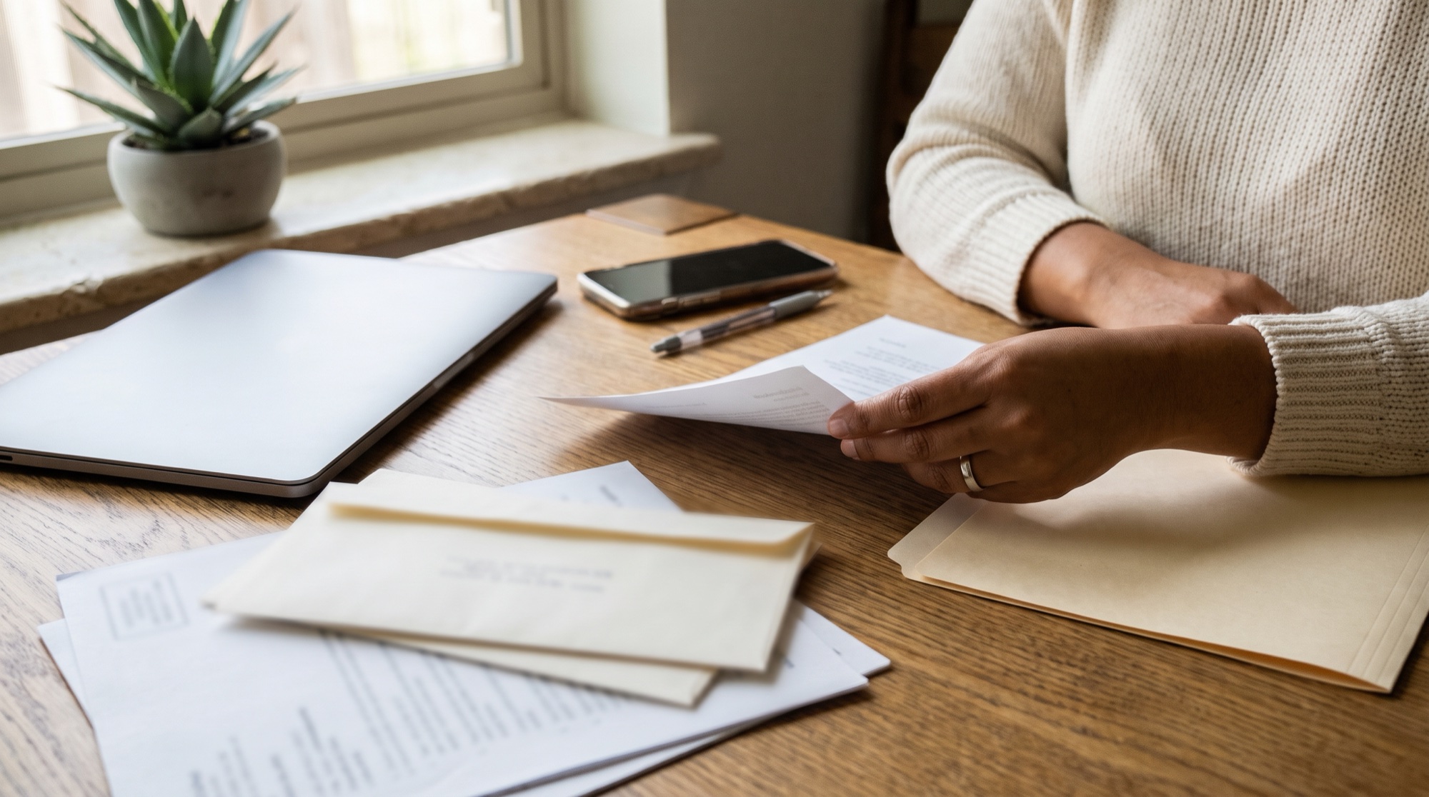 Hands sorting a lease, bank statements and mail into piles to rebut a Texas common-law marriage claim
