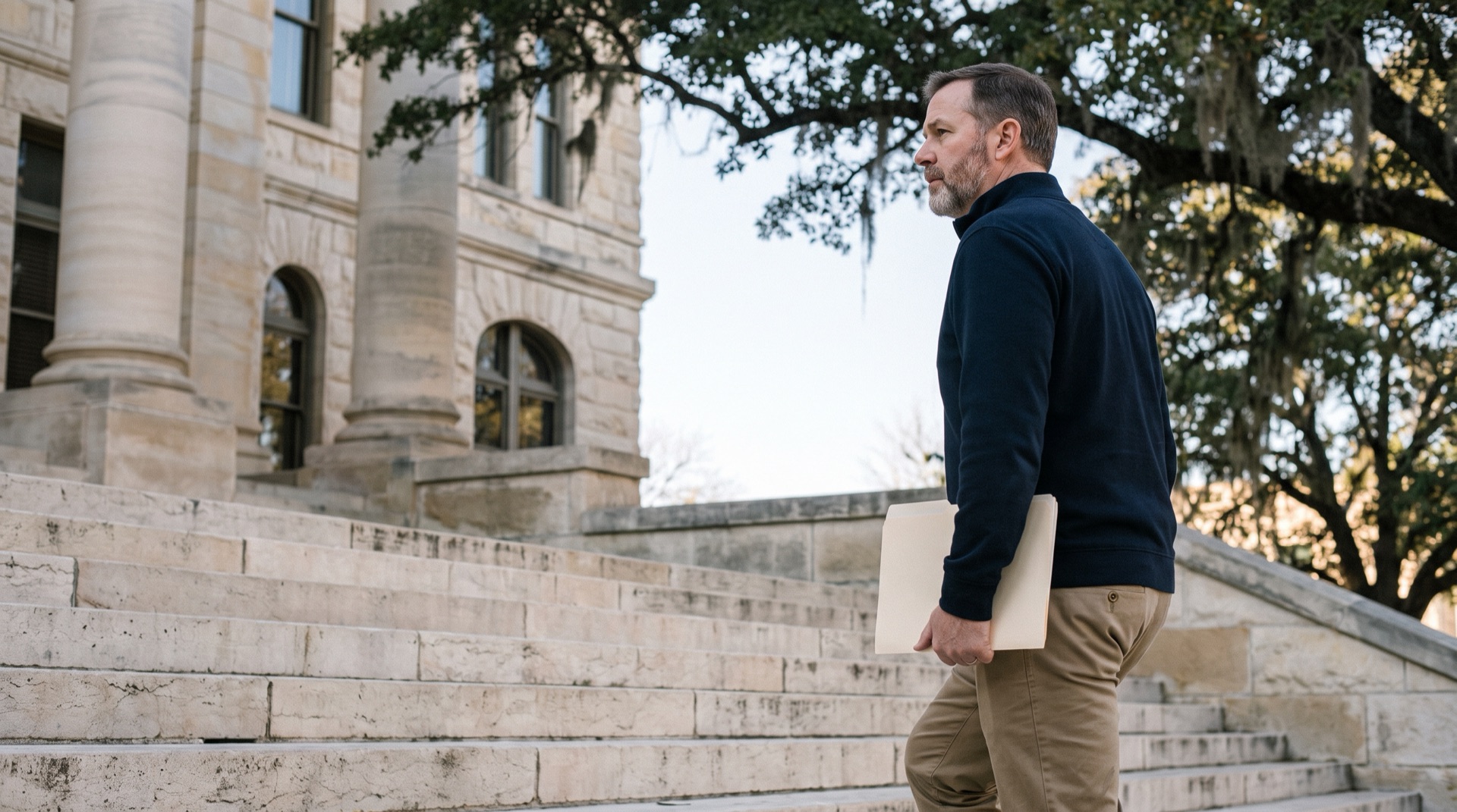 A man carrying a folder walks up the limestone steps of a Central Texas county courthouse to respond to a dismissal notice