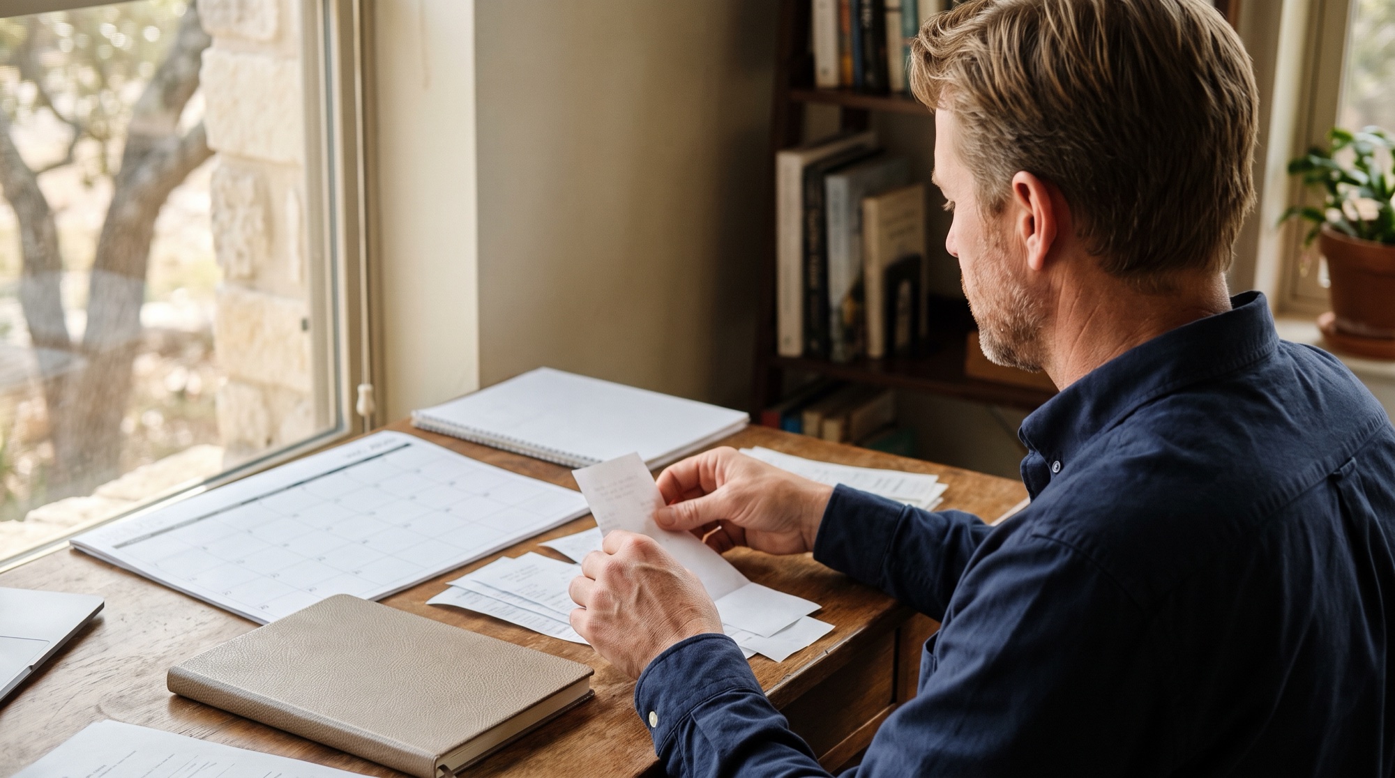 Father organizing receipts and a calendar as records of child support he paid before any court order