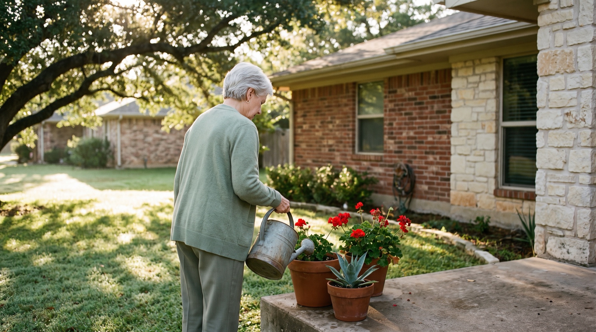 A surviving spouse waters potted geraniums on the porch of her longtime Central Texas homestead