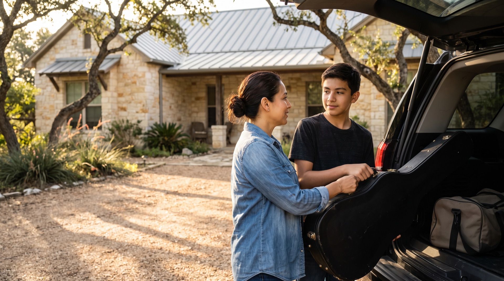 A mother and her teenage son load an instrument case into their car outside a Hill Country home, the kind of activity costs that count as a child's proven needs