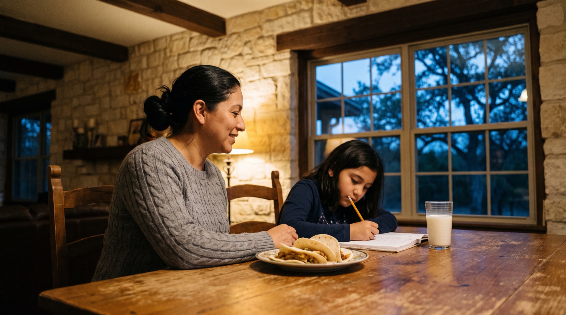 A mother sits with her daughter doing homework at a kitchen table in a Hill Country home on a school night
