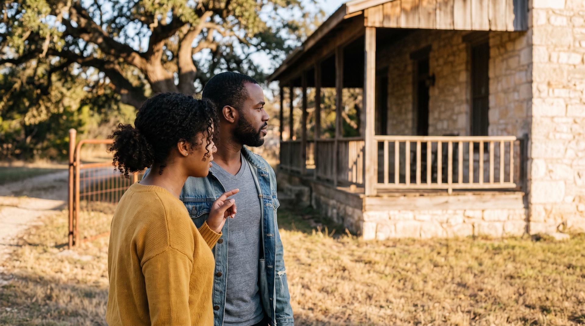 Adult siblings talking outside an inherited Central Texas farmhouse they co-own after a transfer on death deed
