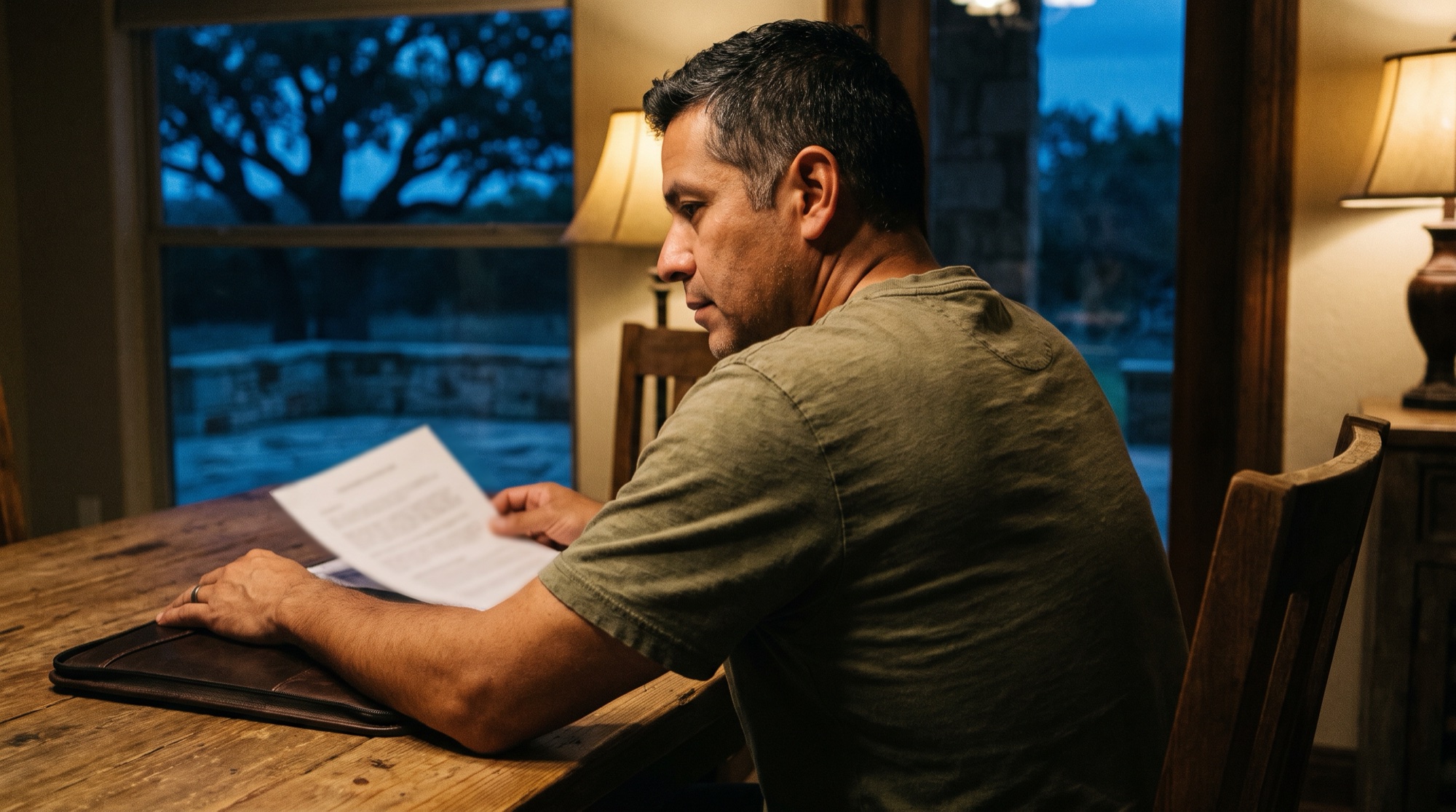 Man rereading a signed mediated settlement agreement at his dining table in a Texas Hill Country home