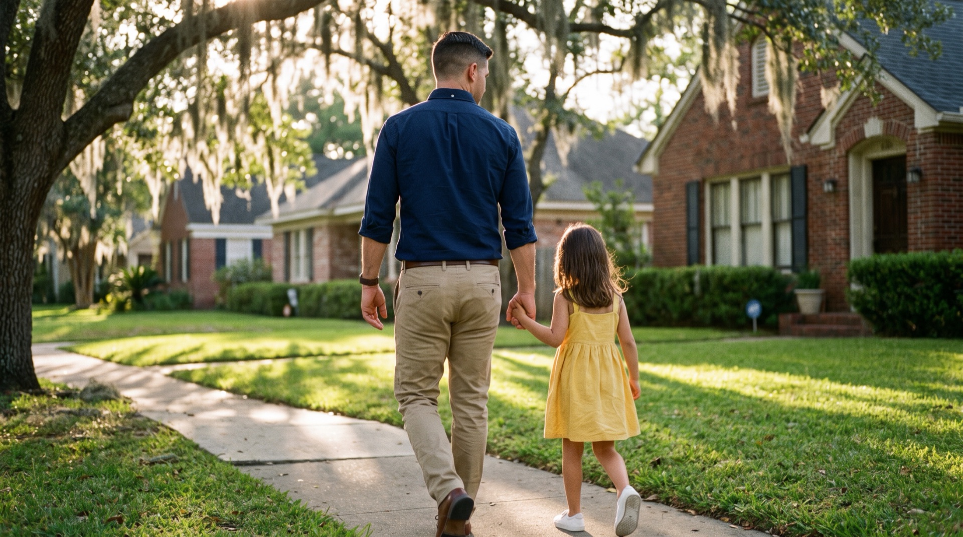 A father walks hand in hand with his young daughter along a live oak lined sidewalk in a Victoria, Texas neighborhood