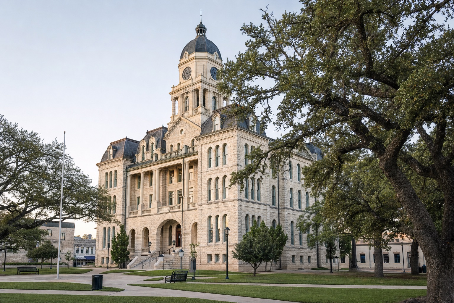 A Central Texas county courthouse on a quiet morning, the kind where divorce petitions are filed