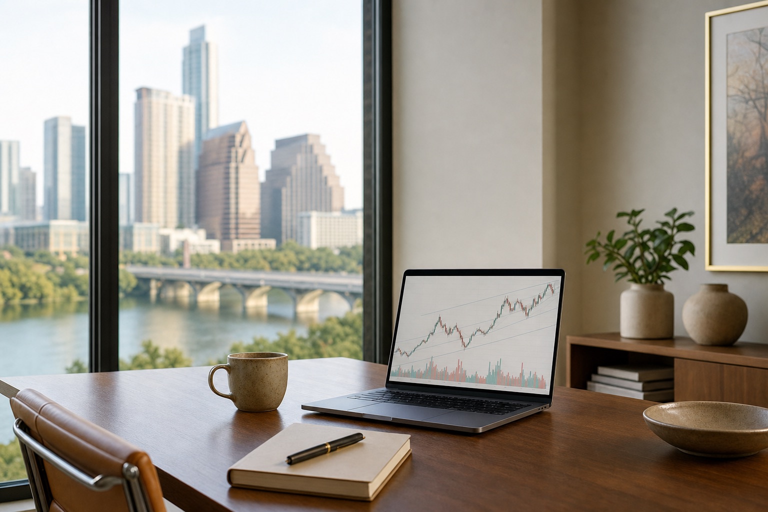 A home office where someone reviews equity compensation documents before an Austin divorce